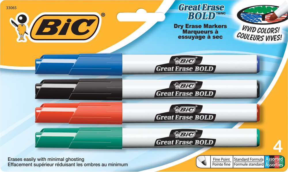 BIC Great Erase Bold Dry Erase Marker - Asst Fine 4Pk BP Pocket