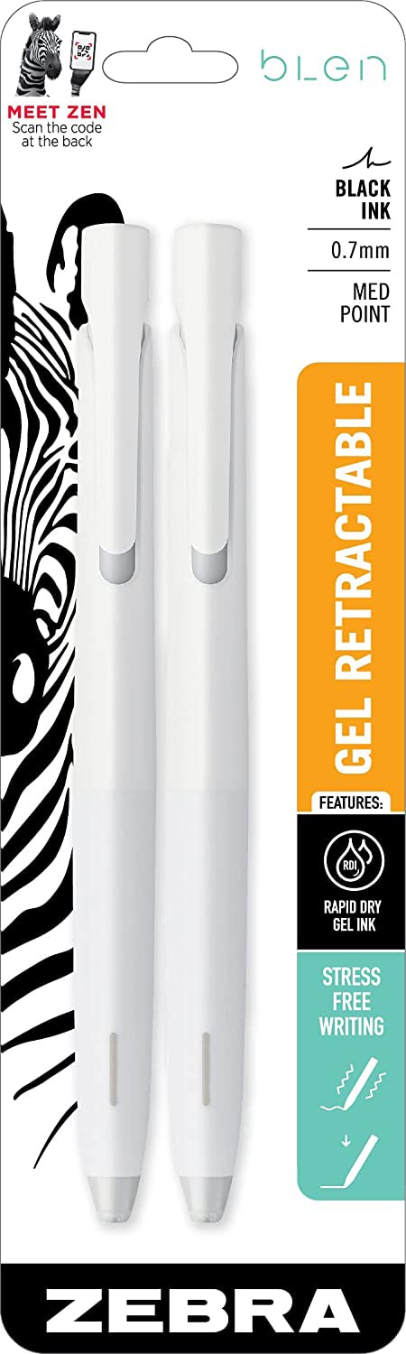 Blen Zebra Retractable Gel Pen 0.7mm Black Ink 2Pk
