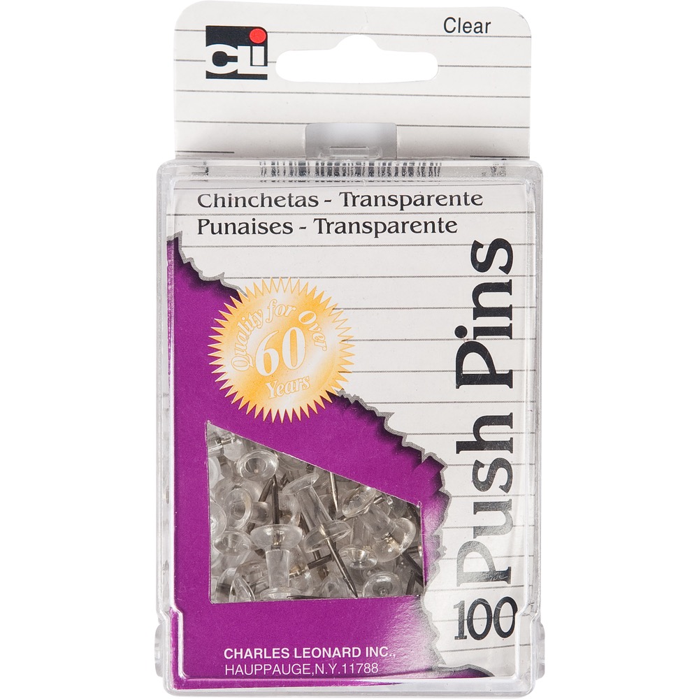 Charles Leonard Push Pins - Clear .44in 100Ct Box Reusable Box