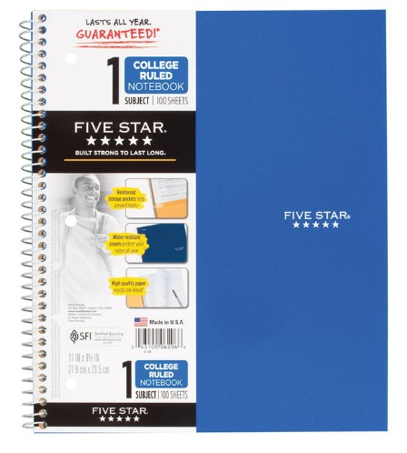 5 Star Spiral Notebook 1 Subject