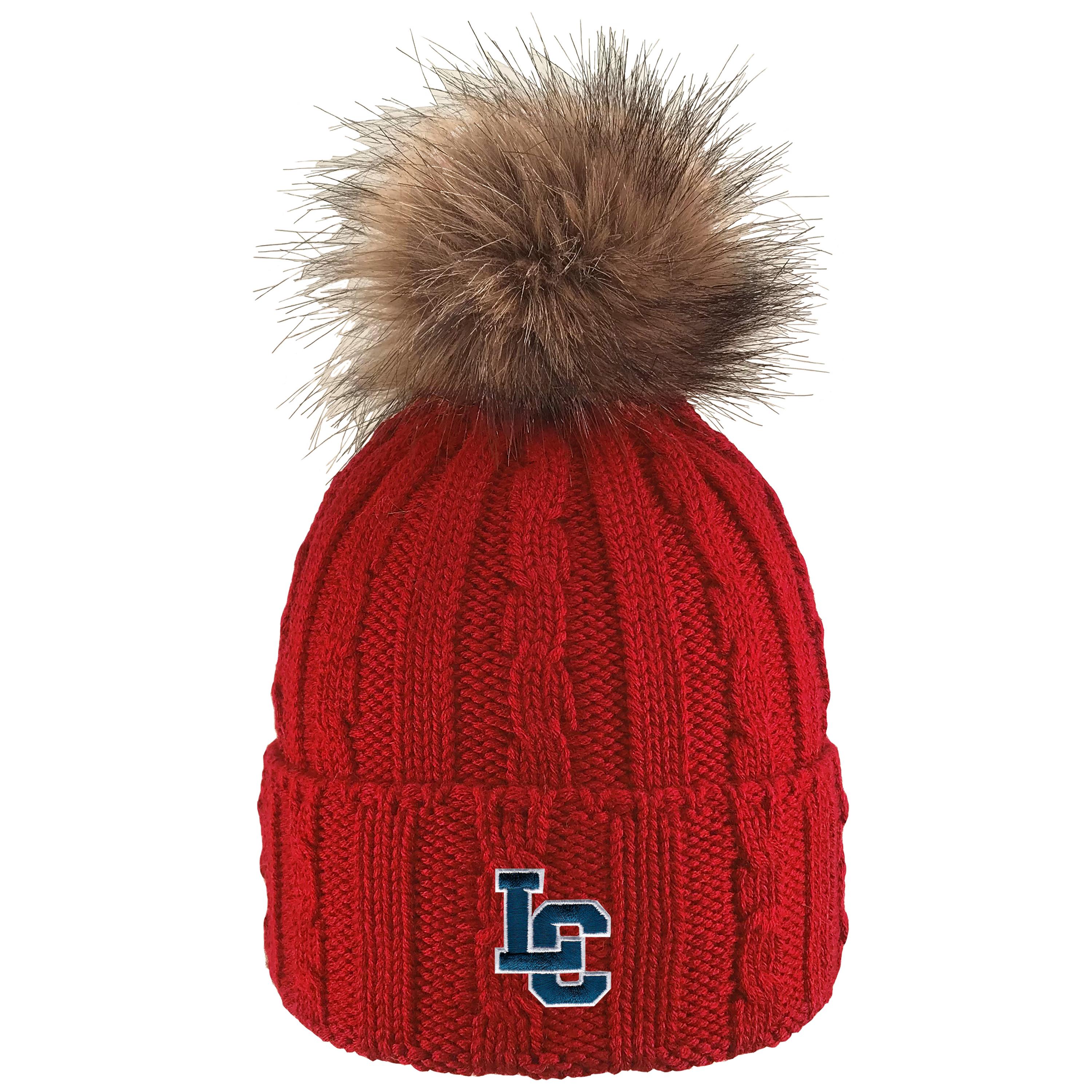 LC State Cable-Knit Hat with Cuff and Faux Fur Pom Pom