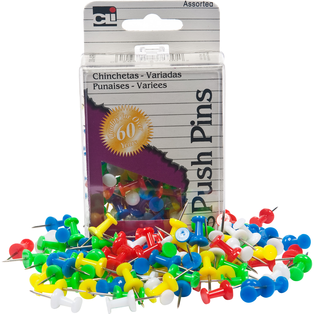 Charles Leonard Push Pins - Asst .44in 100Ct Box