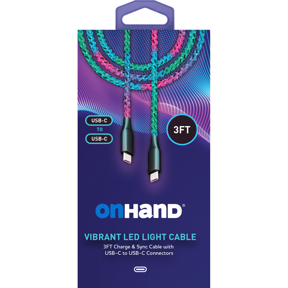 OnHand Vibrant LED Light Charge & Sync Cable 3ft USB-C to USB-C