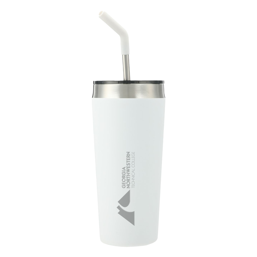 GNTC Faye White Vacuum Tumbler w/ Stainless Steel Straw 20 oz GNTC Horizontal Mark Engraved
