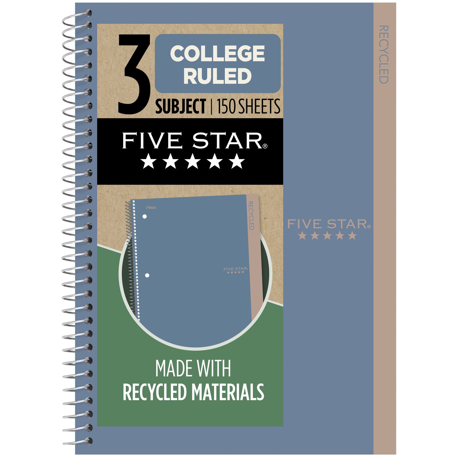Five Star 3-Subject Recycled Notebook - Blue