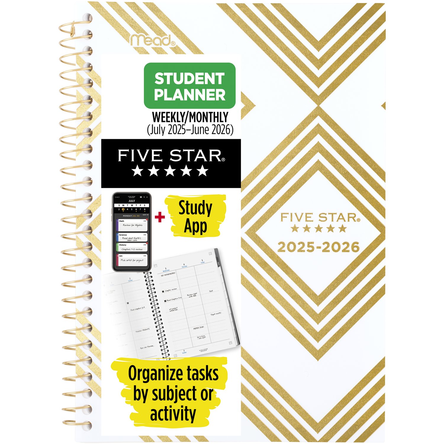 Five Star Academic 2025-2026 Weekly Monthly Planner Plus Study App- Small, Assorted