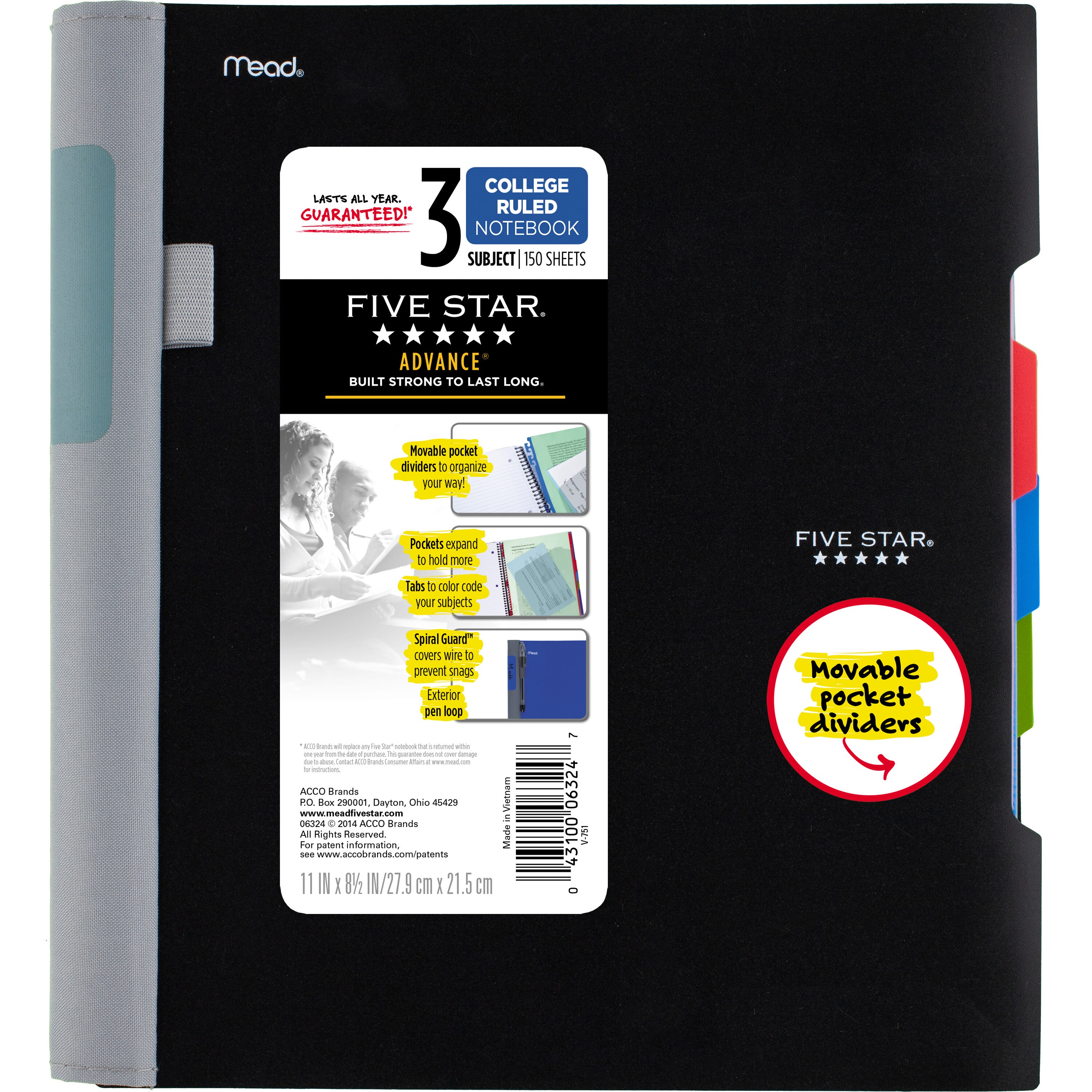Five Star Advance Wirebound Notebook 3-Subject College Ruled- Assorted Colors