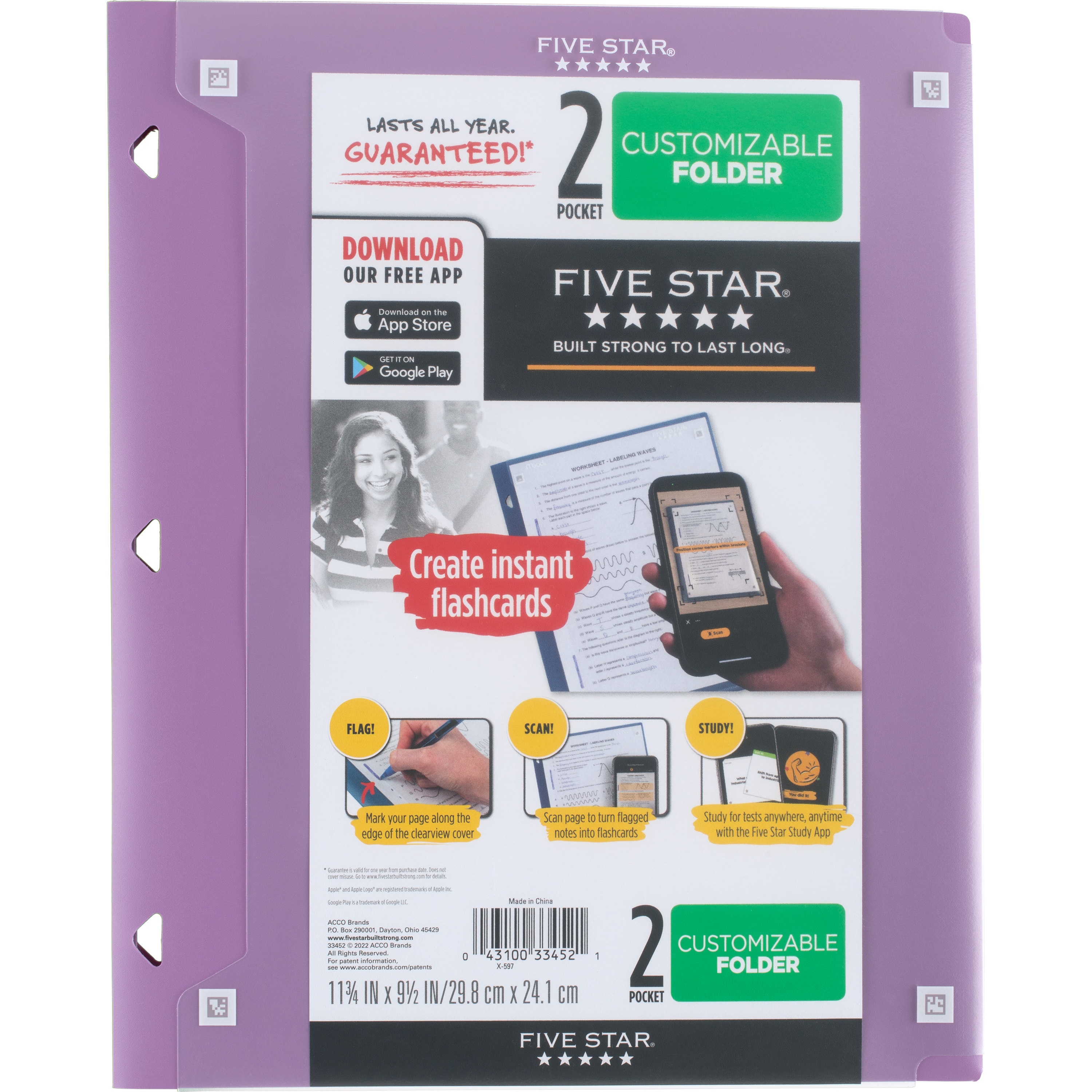 Five Star Customizable Plastic Folder 9"x 11"- Assorted Colors