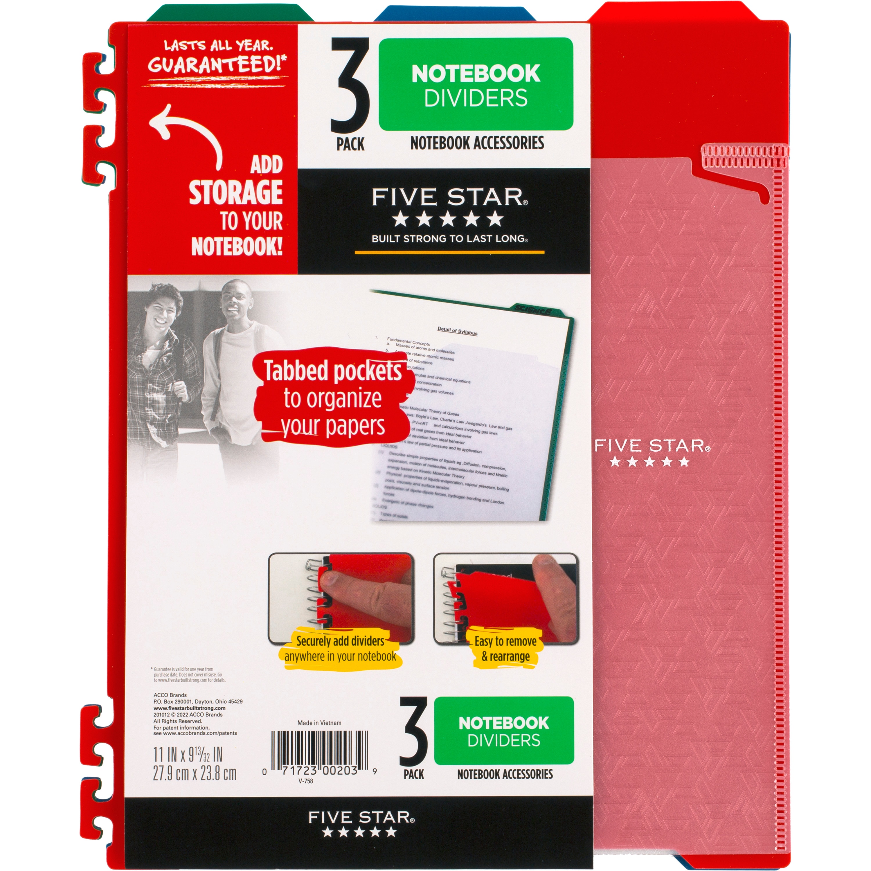 Five Star Notebook Pocket Dividers 3pk- Assorted Colors