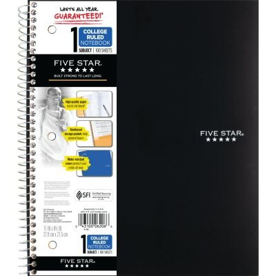 Five Star Wirebound Notebook 1-Subject College Ruled 100ct- Assorted Colors