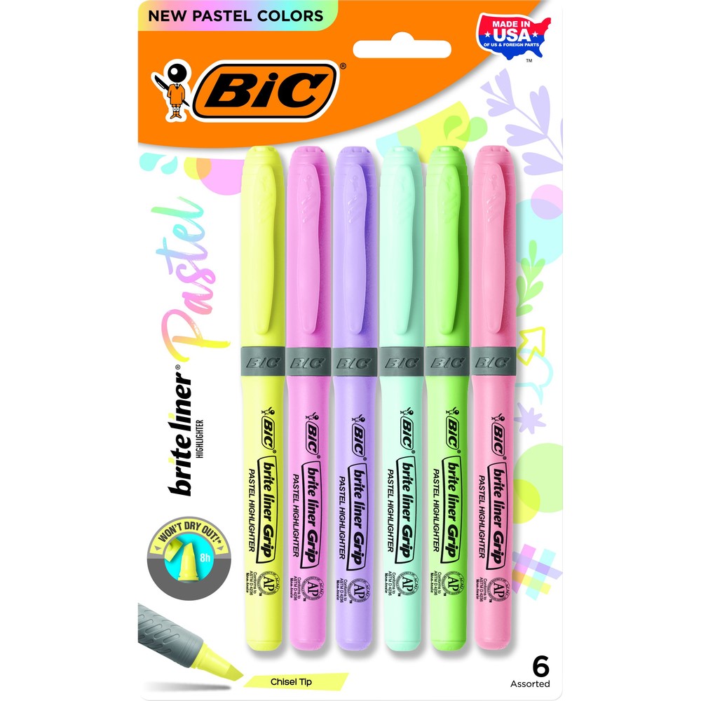 BIC Brite Liner Pen Style Highlighter - Asst Chisel 6Pk BP Pastel