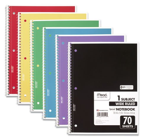Mead Spiral Bound 1 Subject Notebook, Wide Ruled, 70 Sheets