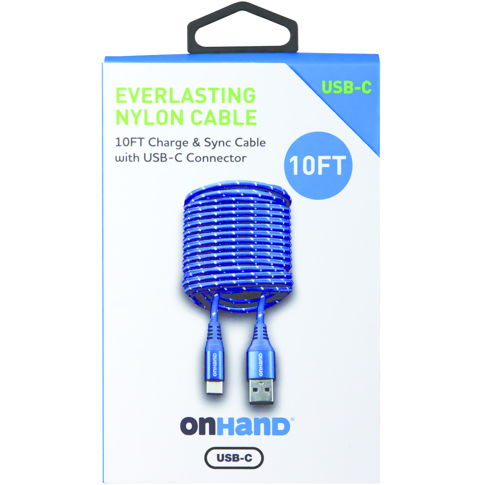 OnHand USB-C Charging Cable- Blue 10ft