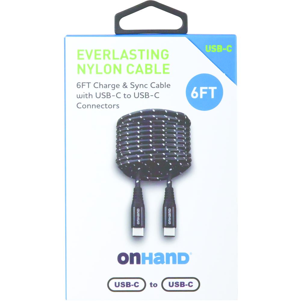 OnHand Everlasting Nylon Charge and Sync Cable 6ft BP USB-C to USB-C, Black