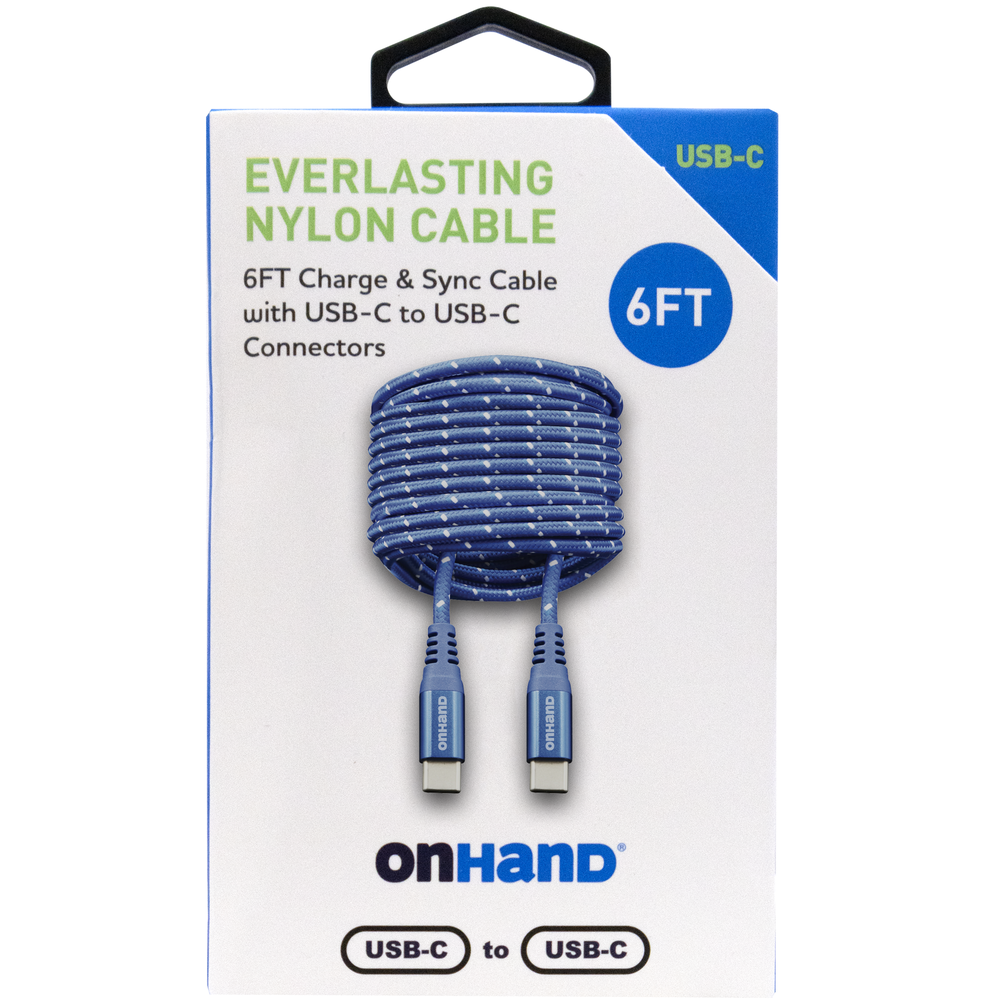 OnHand Everlasting Nylon Charge and Sync Cable 6ft USB-C to USB-C, Blue