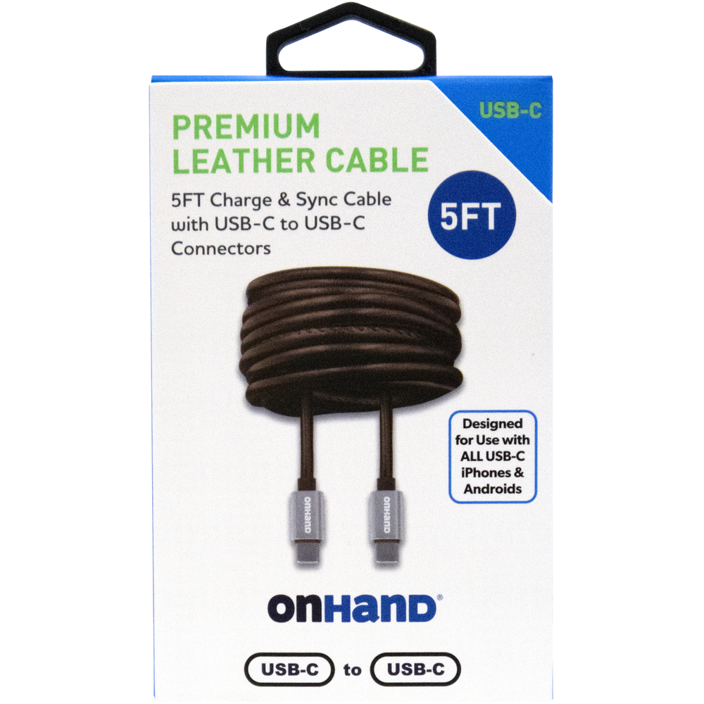 OnHand Premium Leather USB-C to USB-C Cable 5ft, Brown