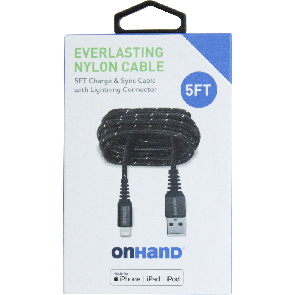 OnHand Everlasting Nylon Sync & Charge Cable 5ft BP USB-A to Lightning, Black (MFi certified)