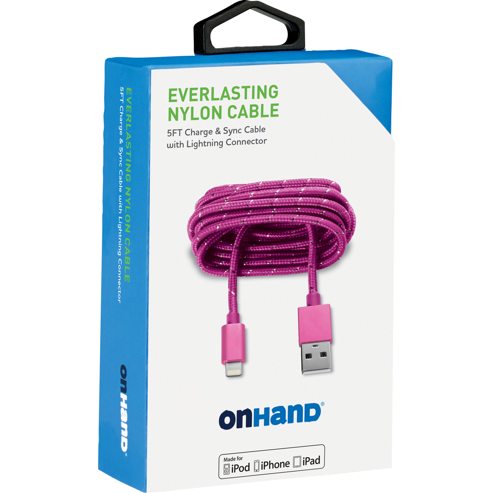 OnHand Charging Cable 5ft BP USB-A to Lightning, Pink (MFi certified)