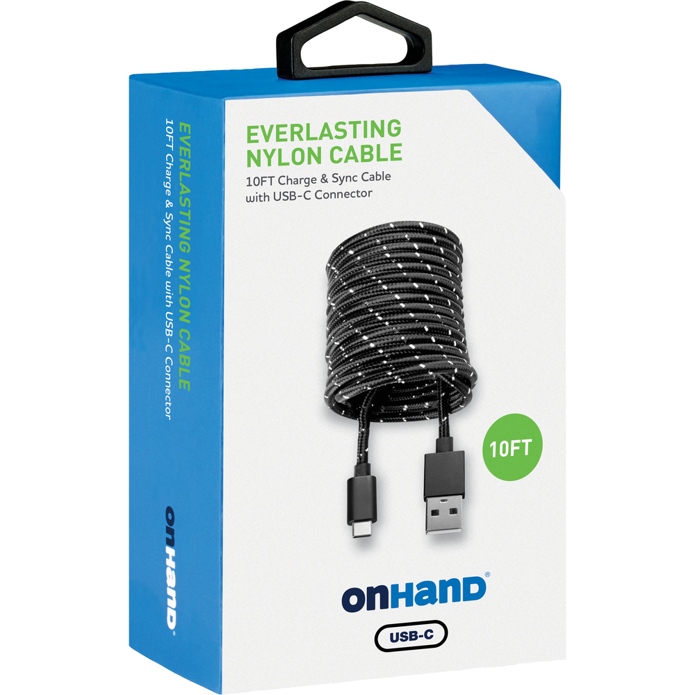 OnHand Charging Cable 10ft BP USB-A to USB-C, Black