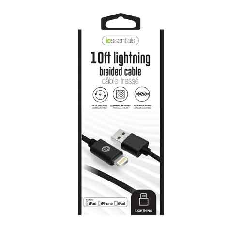 USB Braided Lightning Cable, 10', Black