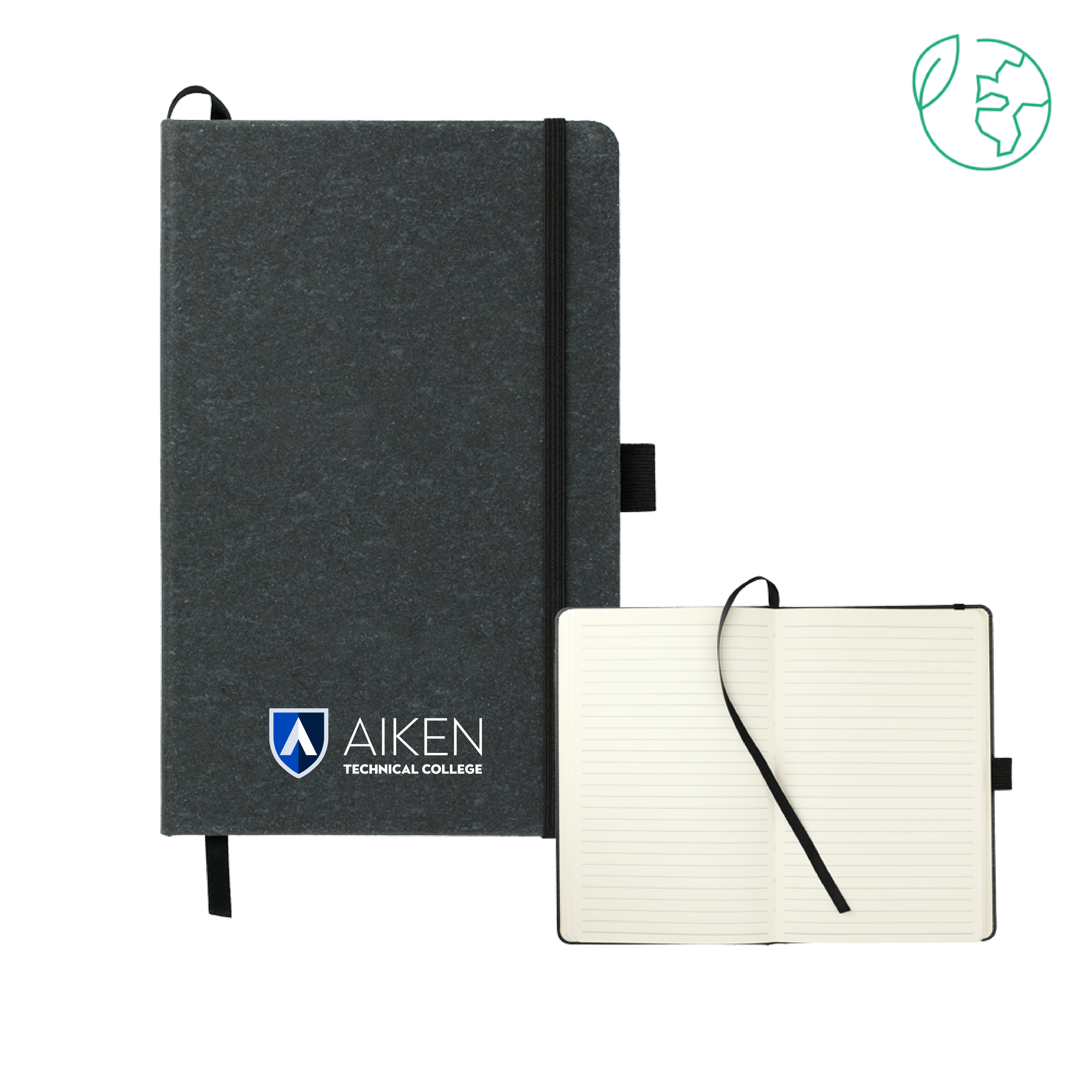 Aiken Technical 5.5 x 8.5 Black FSC Mix Recycled Leather Bound Journal ATC Primary Mark Stacked