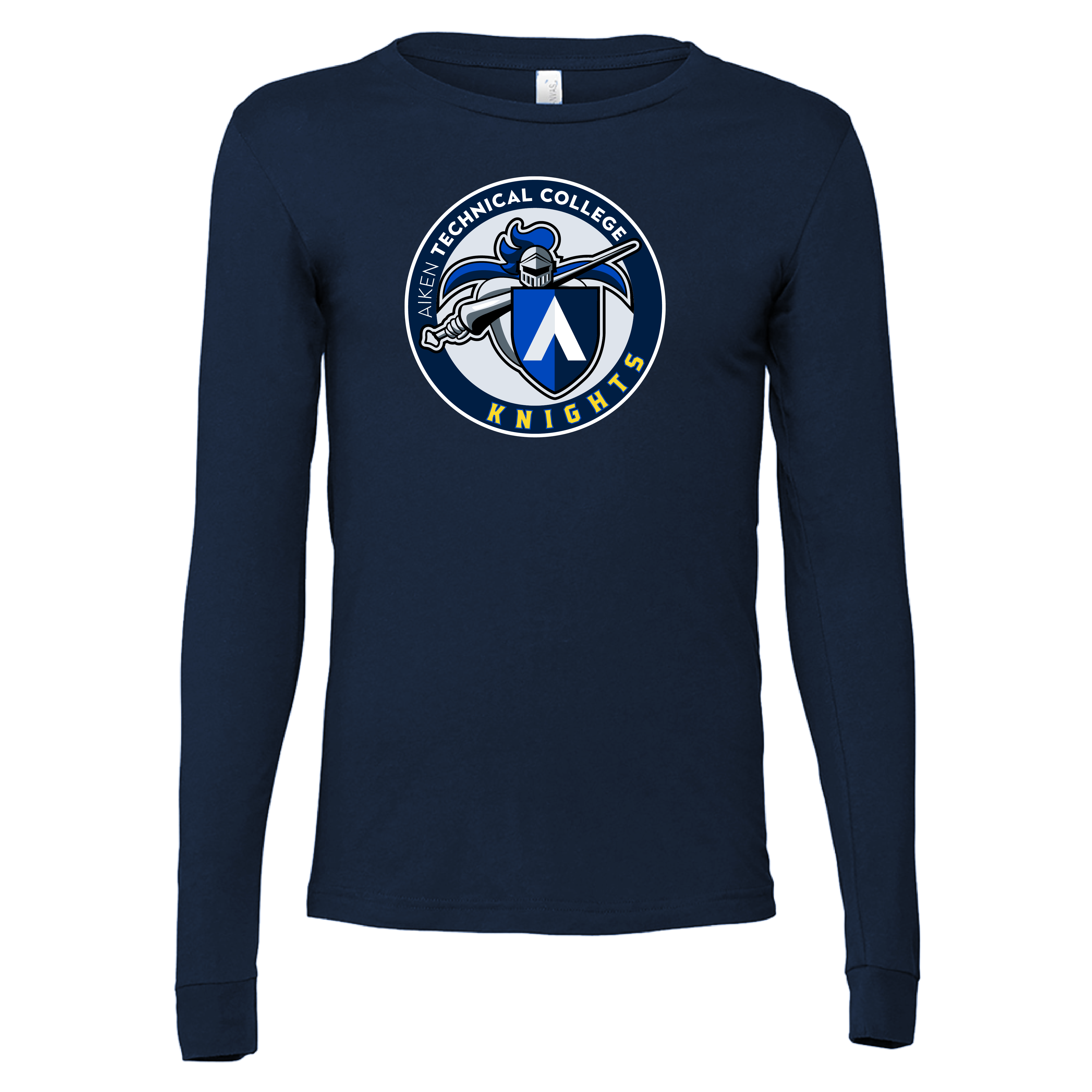 Aiken Technical Bella + Canvas Navy Jersey Cotton Long Sleeve T Shirt ATC Knights Emblem