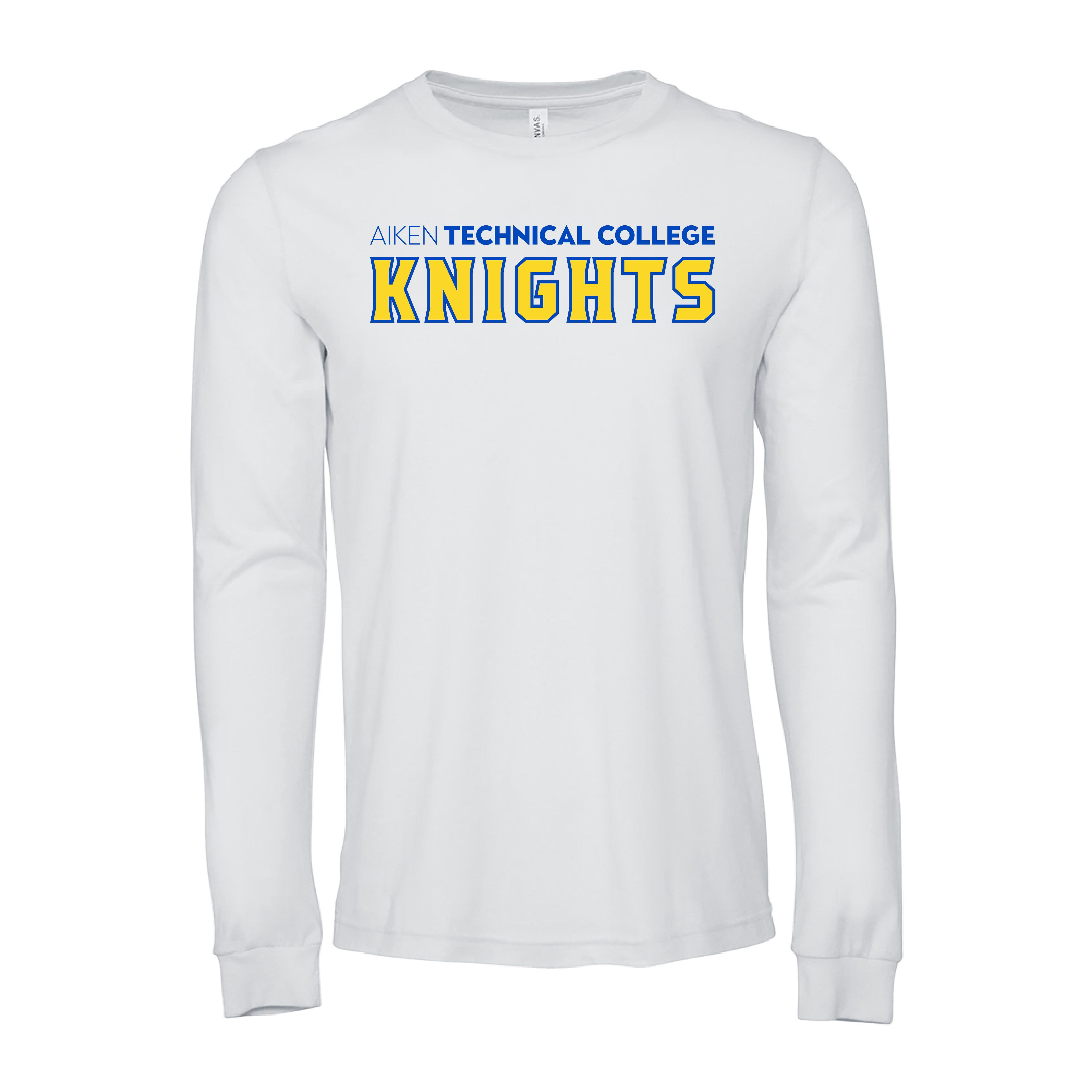 Aiken Technical Bella + Canvas White Jersey Cotton Long Sleeve T Shirt Aiken TC Knights Wordmark