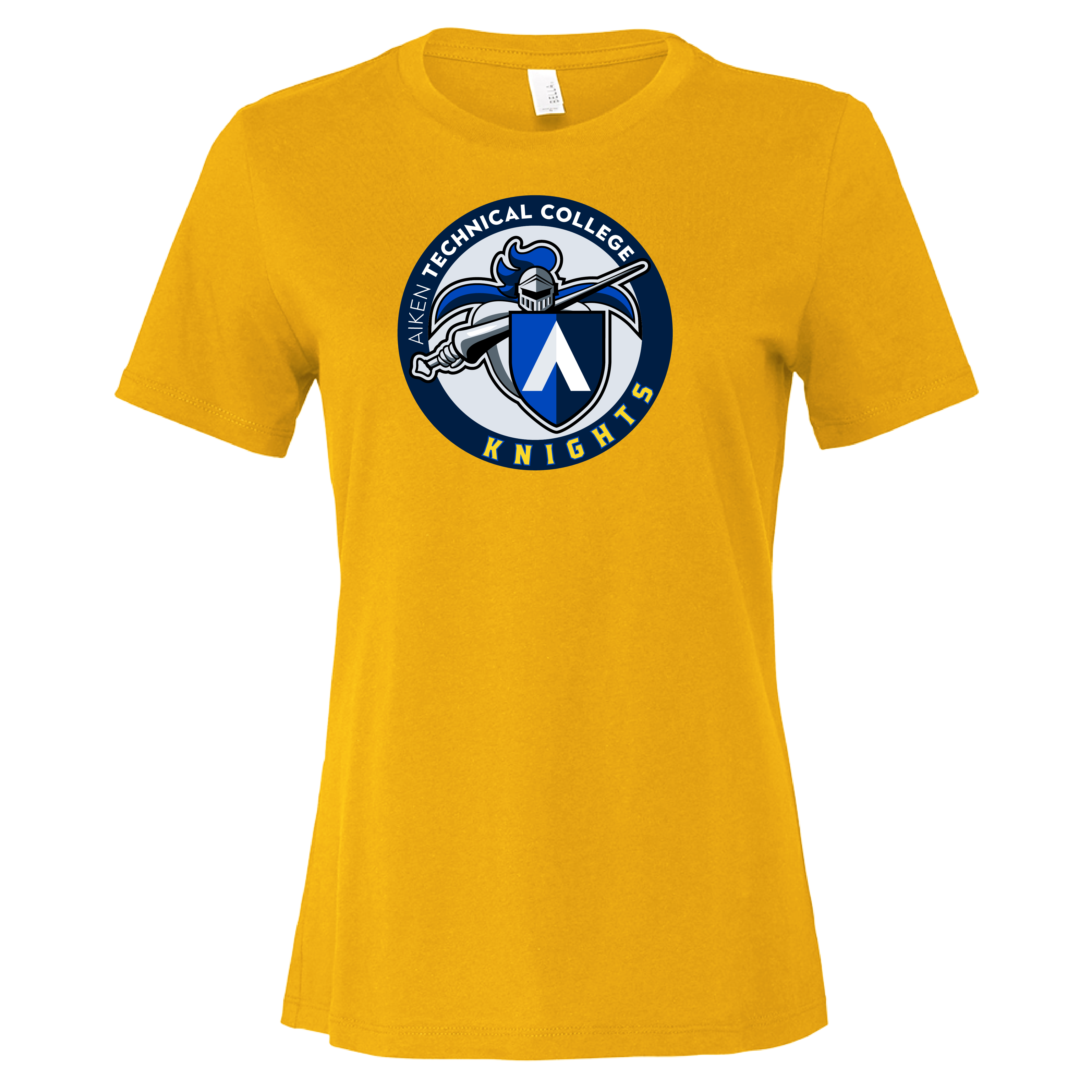 Aiken Technical Bella + Canvas Womens Gold Relaxed Cotton T Shirt ATC Knights Emblem