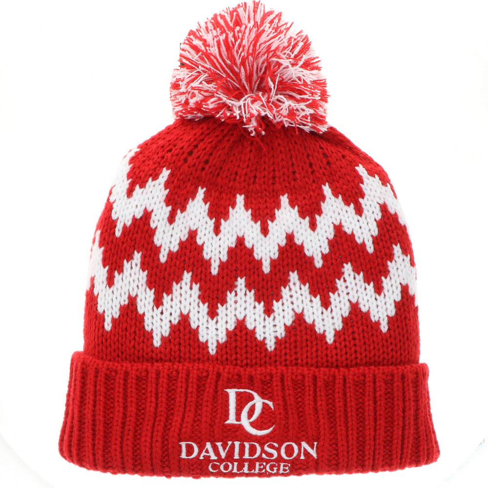 Davidson College Red Zig Zag Cuff Beanie with Pom