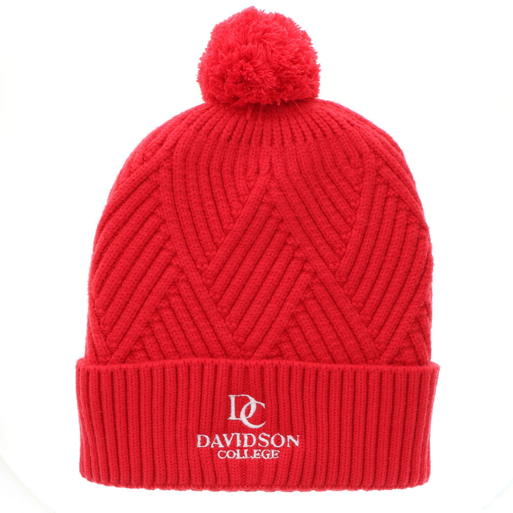 Davidson College Red Textured Cuff Beanie With Pom