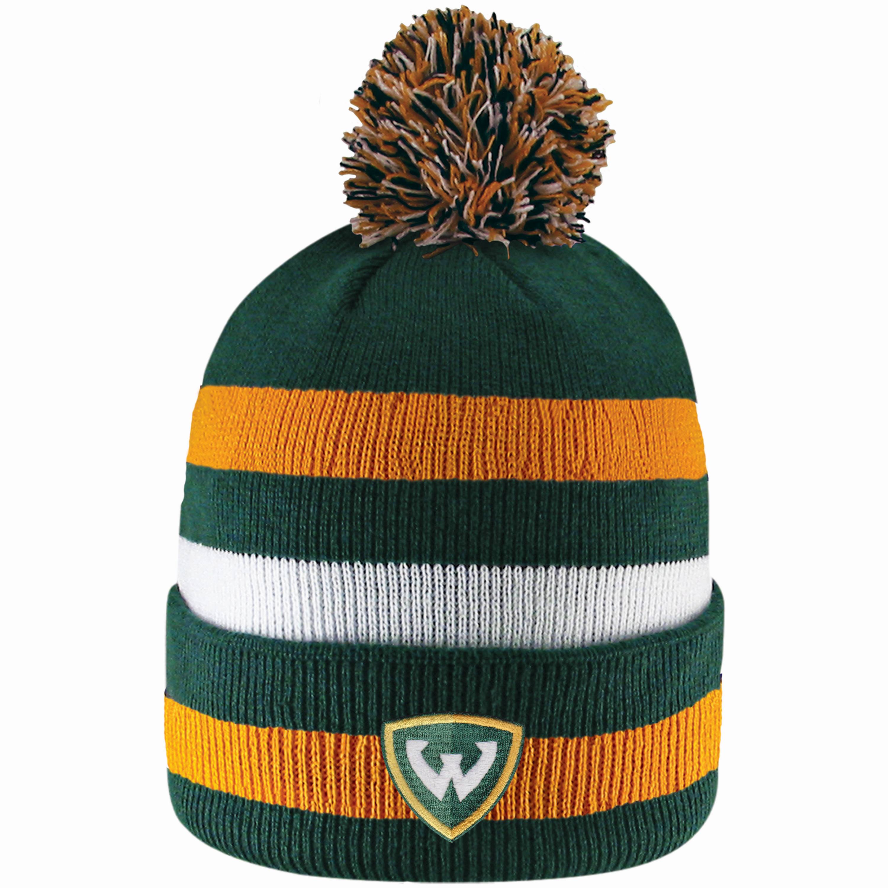 WSU Shield Striped Cuff Pom Beanie