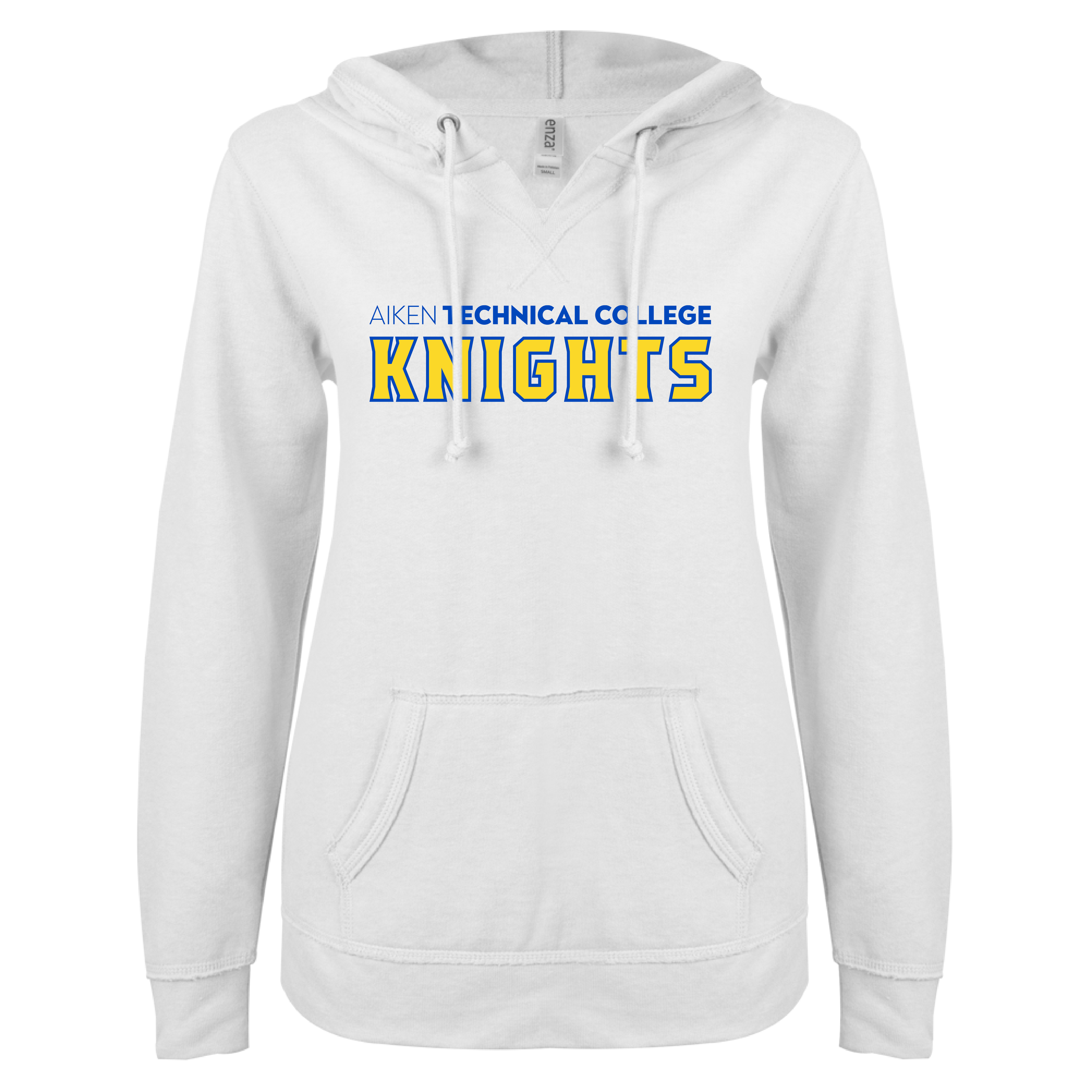 Aiken Technical ENZA Womens White V Notch Raw Edge Fleece Hoodie Aiken TC Knights Wordmark