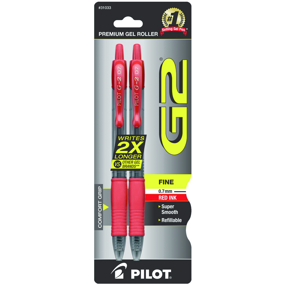 Pilot G2 Retractable Gel Pen 0.7mm- Red 2pk