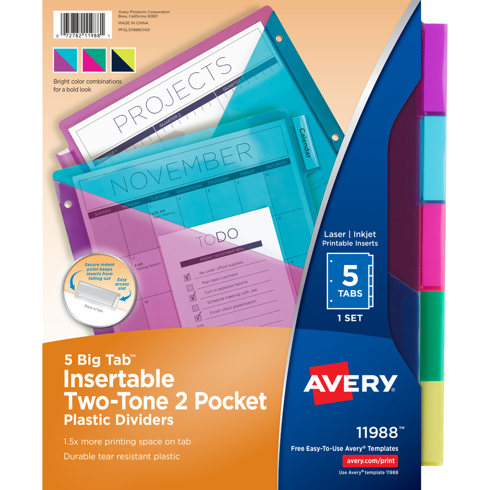 Avery Insertable Two-Tone Plastic Pocket Divider, 5-Tab/2 Pocket Set