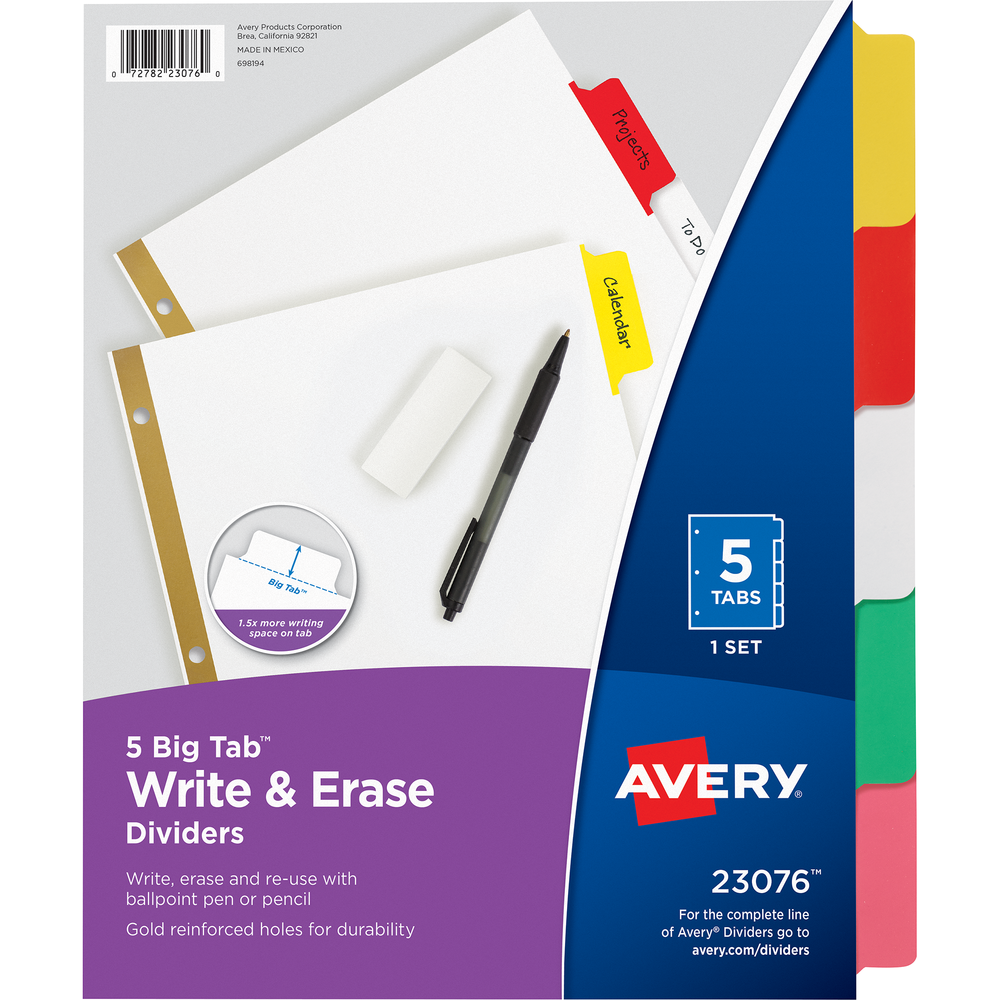Avery Big Tab Write & Erase Plastic Dividers, White with Multicolor Tabs- 5 Tab Set