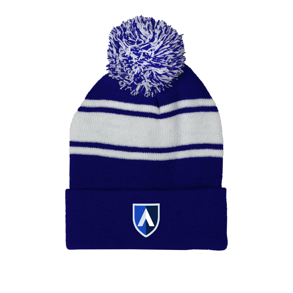 Aiken Technical Royal/White Two Tone Knit Pom Beanie w/Cuff Aiken Technical College Shield