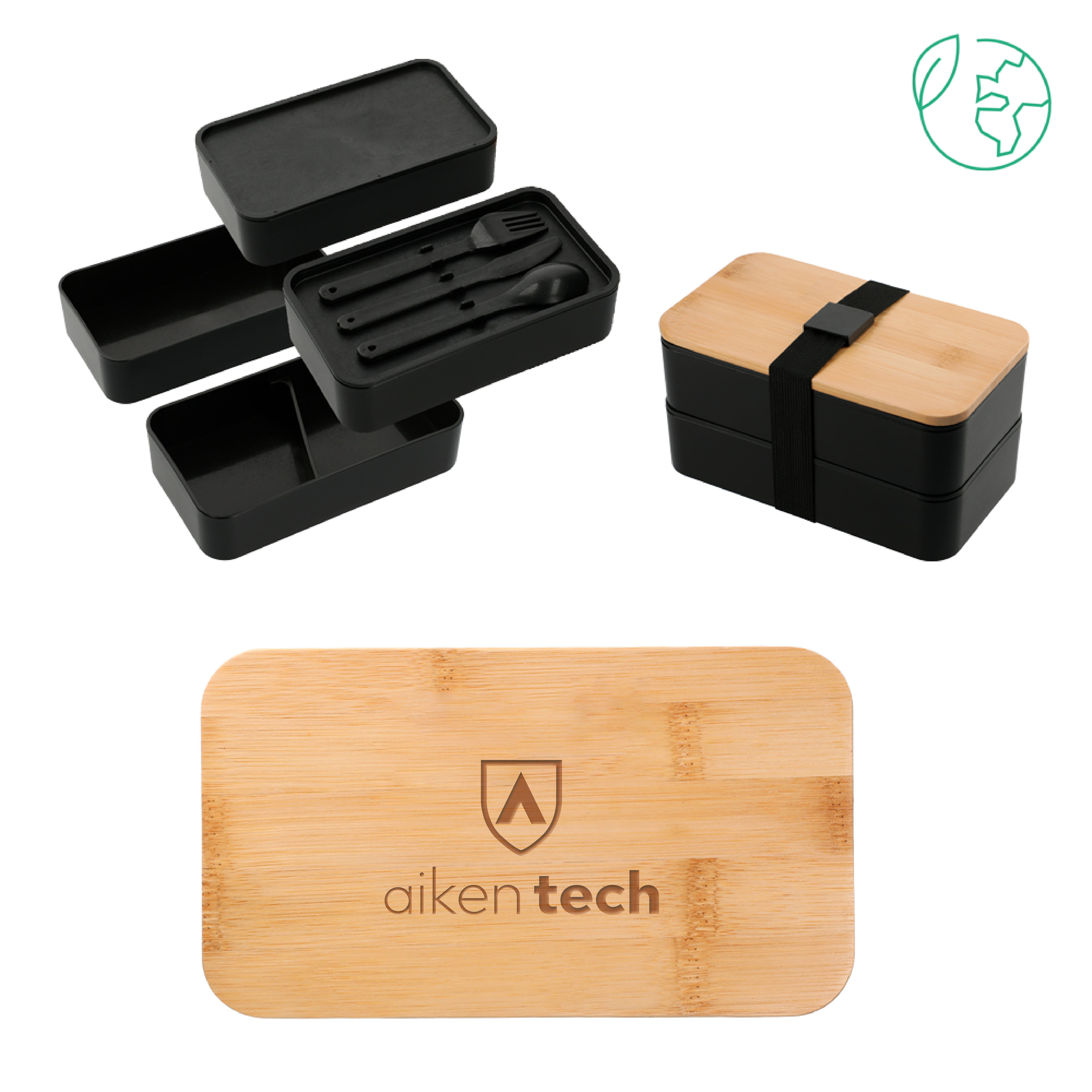 Aiken Technical Stackable Bamboo Fiber Black Bento Box ATC Secondary Mark Stacked Engraved