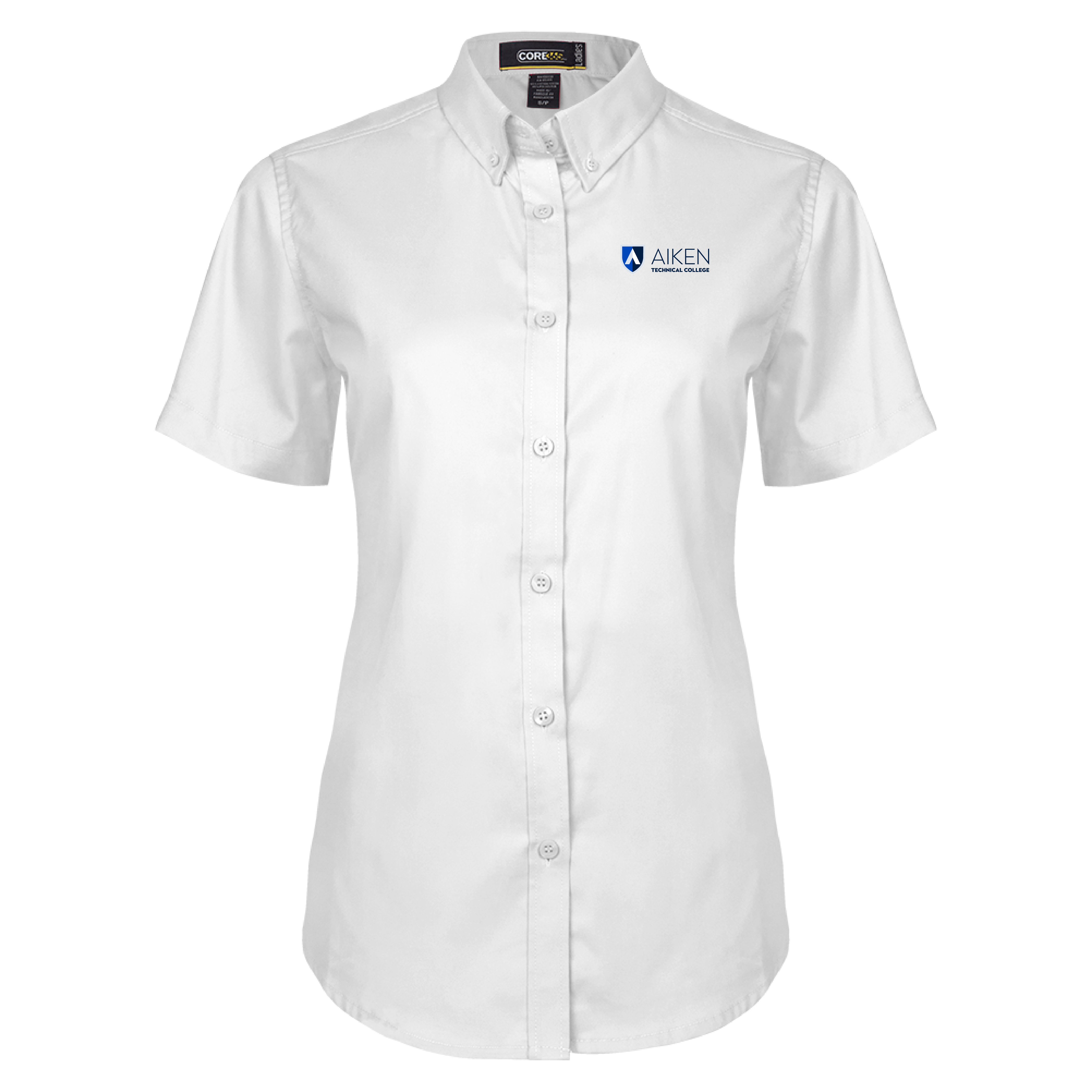 Aiken Technical Womens White Twill Button Up Short Sleeve ATC Primary Mark Stacked