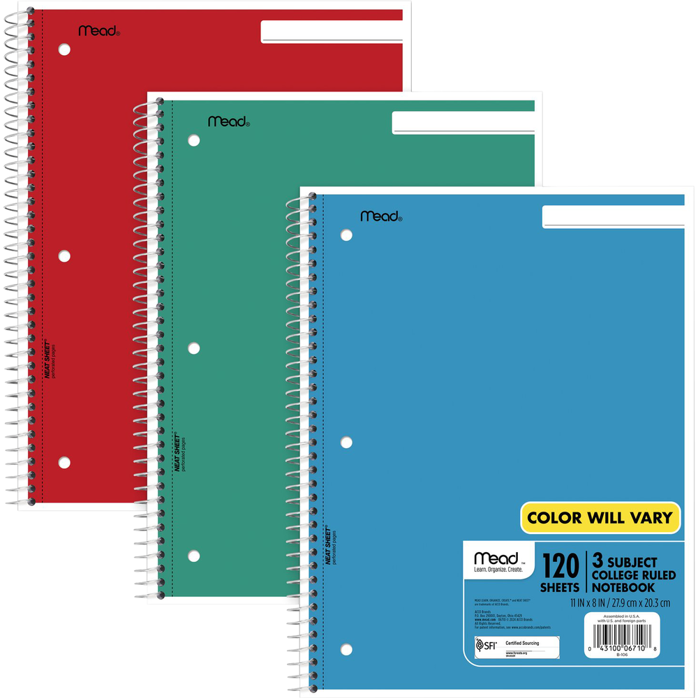 MEAD NOTEBOOK, 3 SUBJECT COLLEGE RULED
