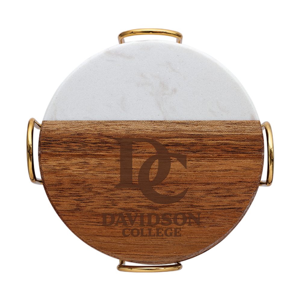 Davidson College Acacia Wood Marble Coasters With Metal Holder