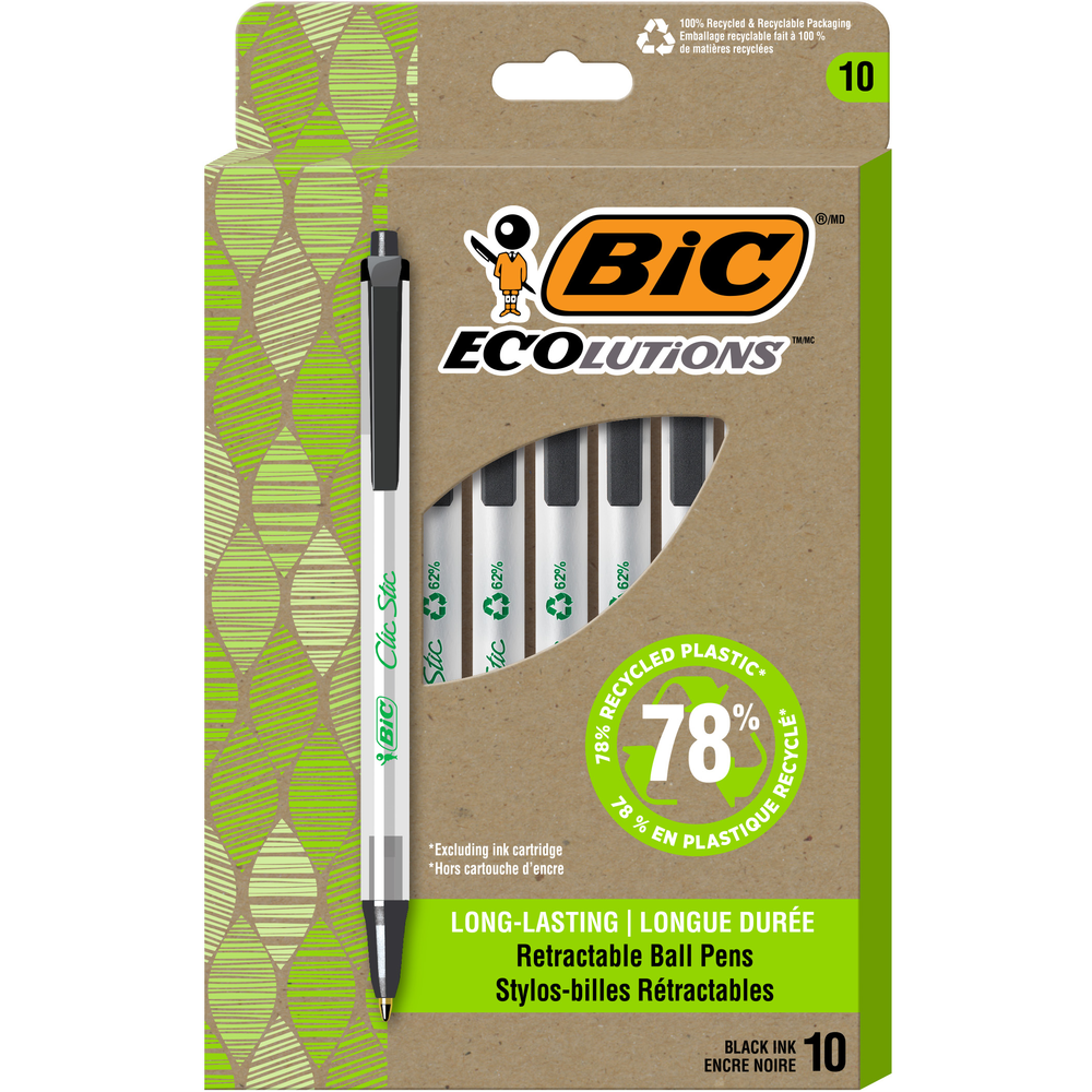 BIC ECOlutions Recycled Clic Stic Retractable Ballpoint Pens - 10 Pack