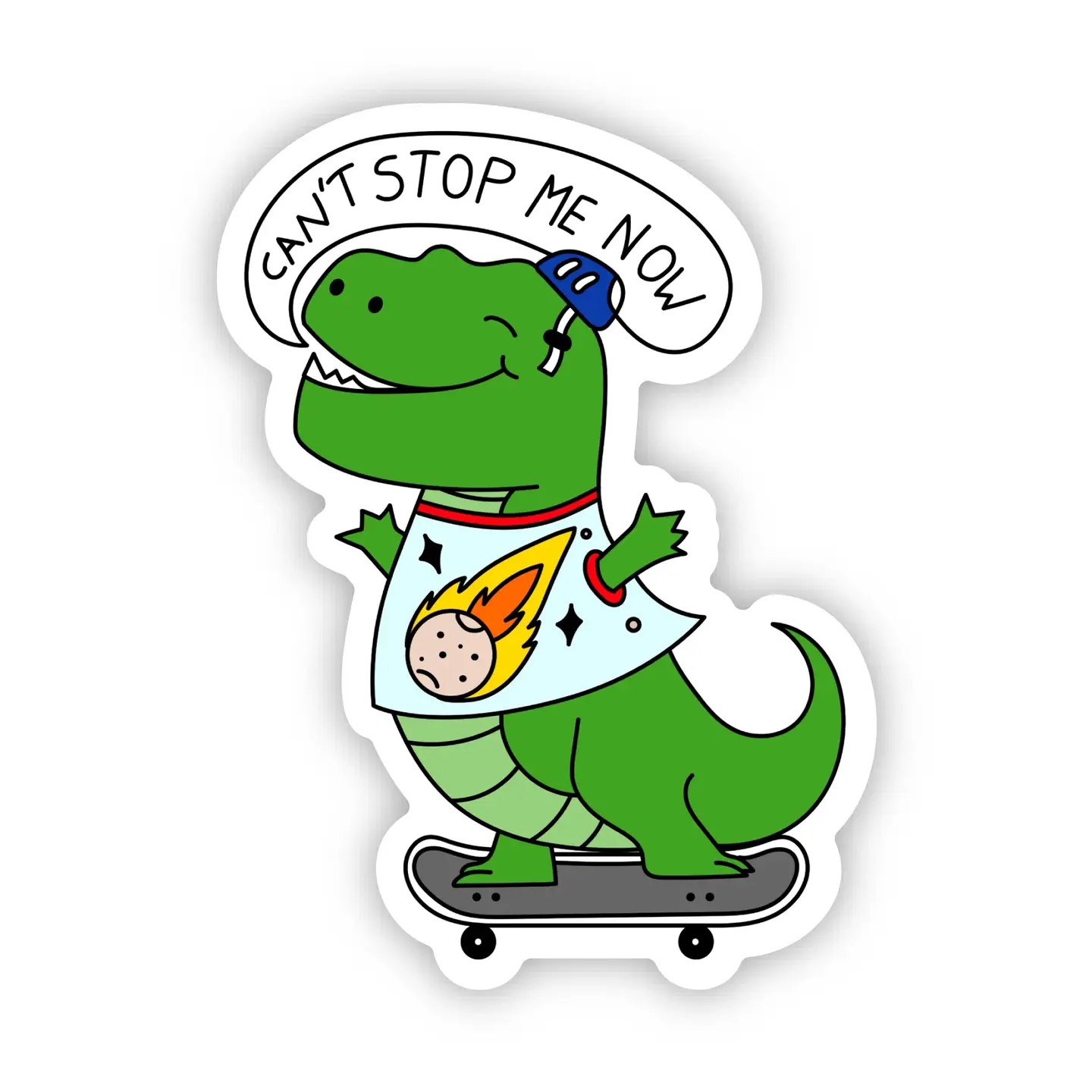 'Can't stop me now' Skateboarding Dino Sticker