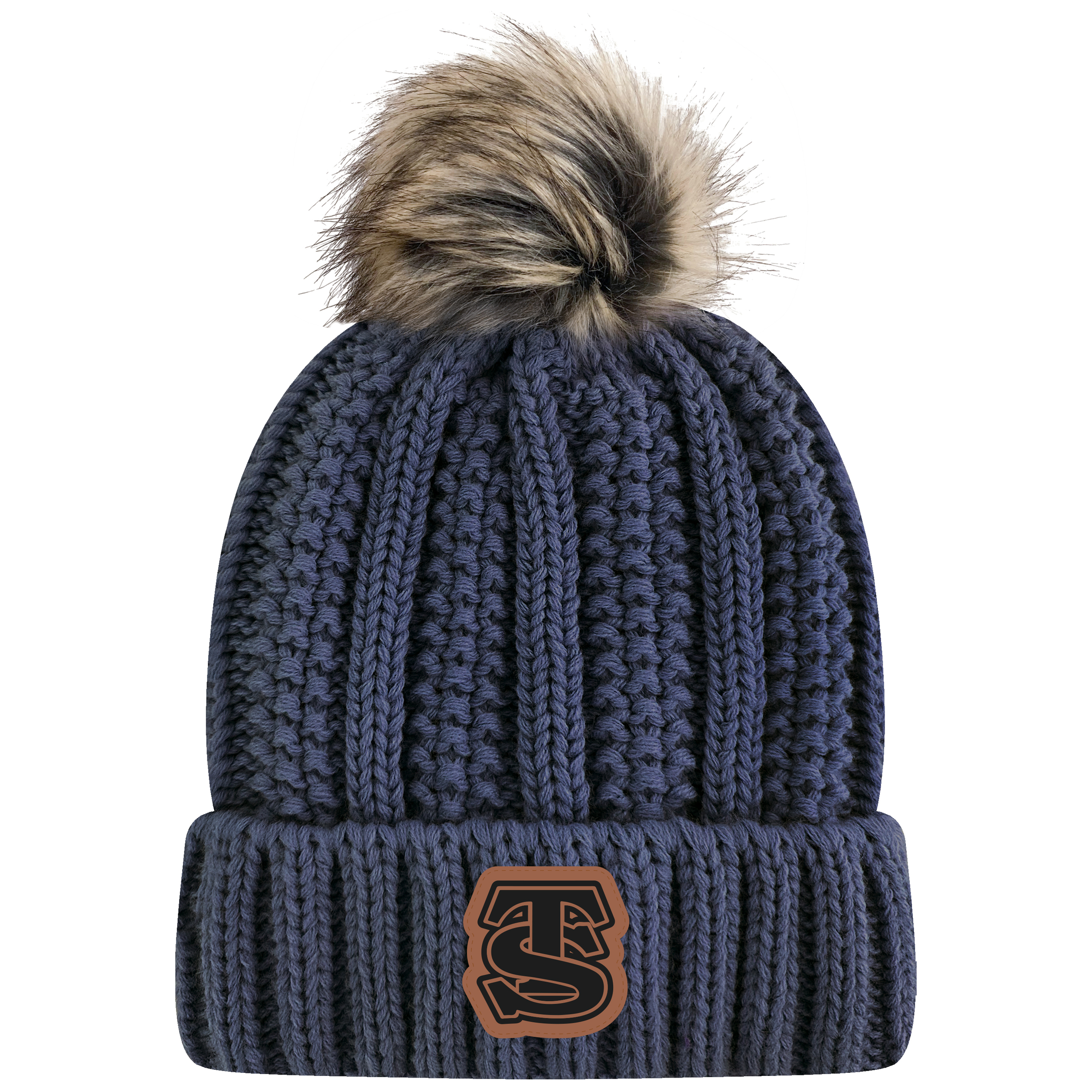Trinidad State Cable Knit Stocking Hat with Faux Fur Pom