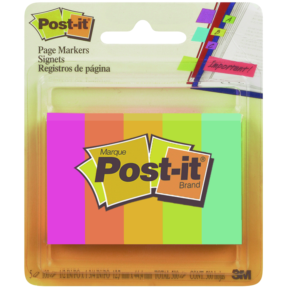 Post-it Page Markers Asst .5x1.75in 5pk- Neon