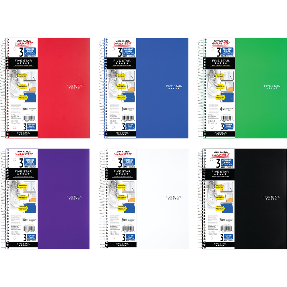 Five Star Wirebound Notebook Asst 8.5x11in 150Sht Bulk 3-Subject/College Ruled