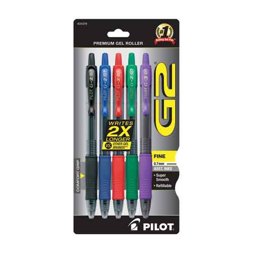 G2-7 Retractable Gel Roller Ball, Fine, 5 Count, Assorted