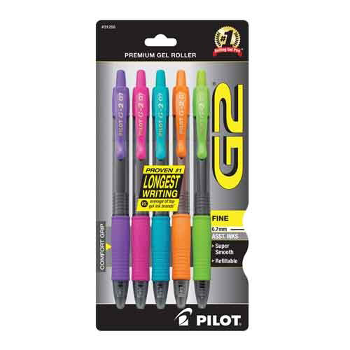 G2 0.7mm Retractable Gel Ink Pens, 5 Pack - Pink, Purple, Turquoise, Orange and Lime Green