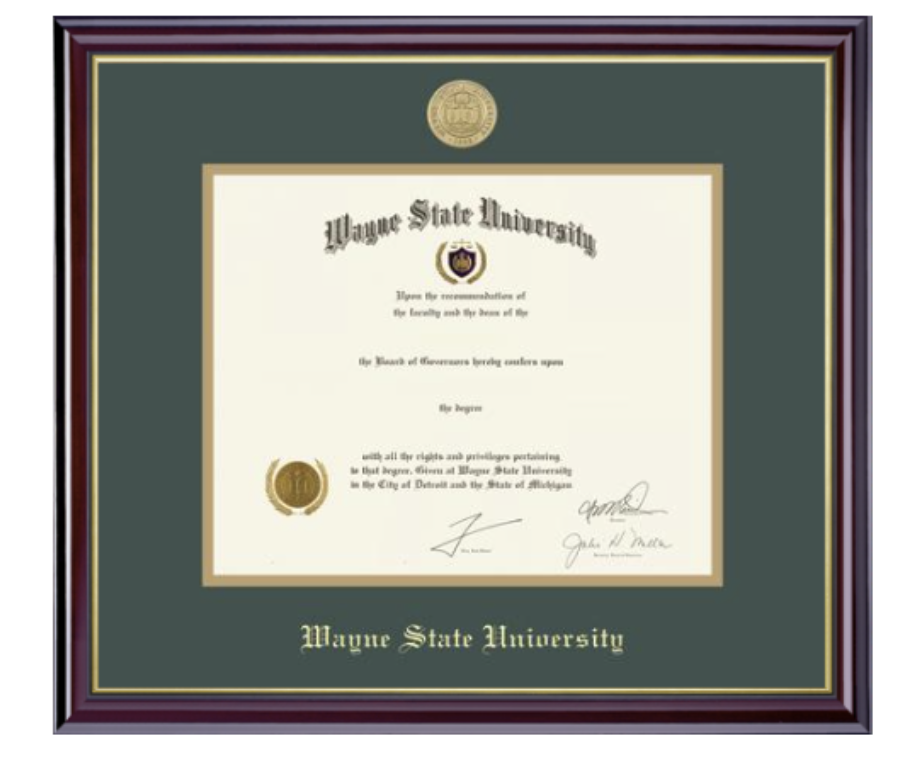 Wayne State University BA/MA Frame with Medallion Green/Gold Mat Windsor Moulding