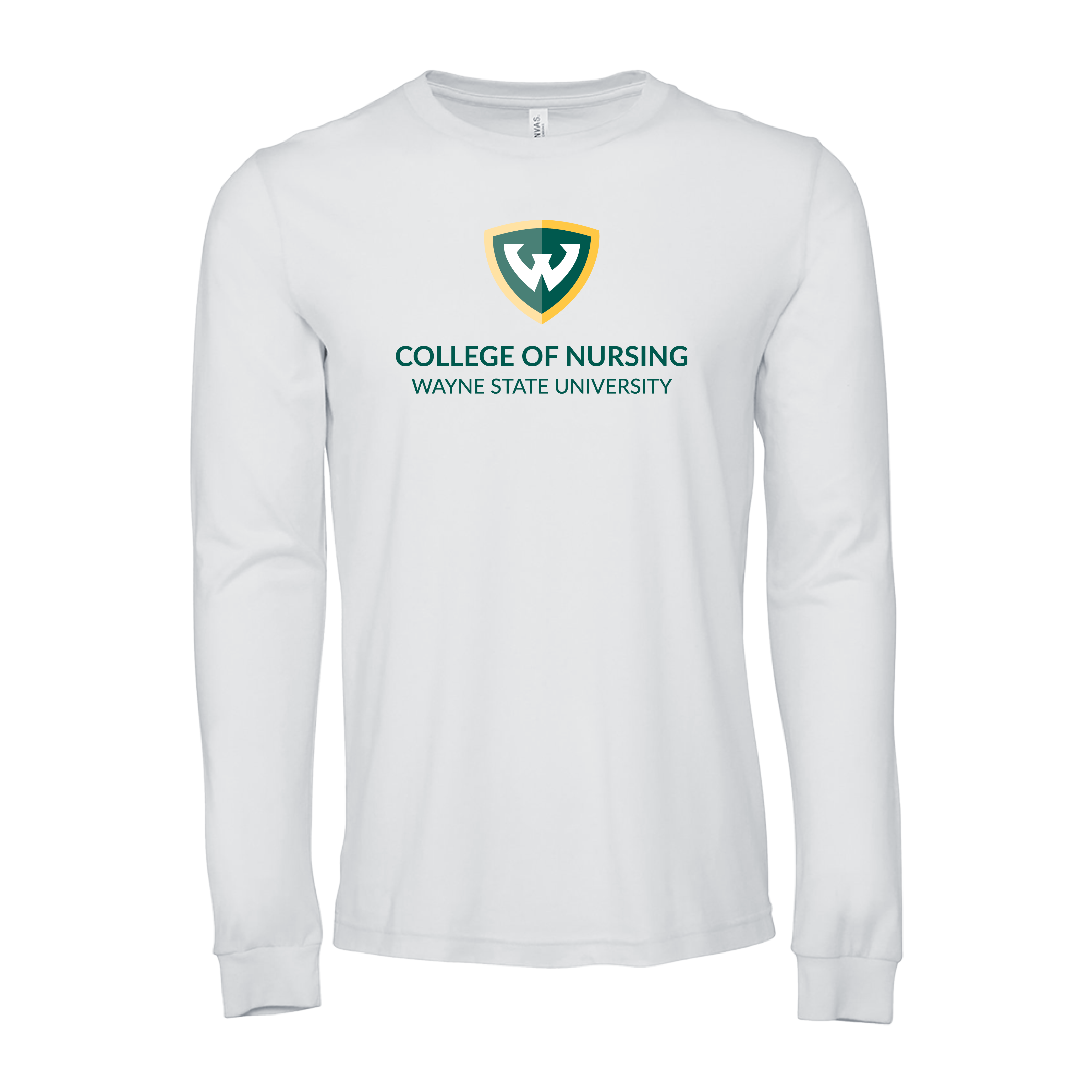 College of Nursing- WSU Shield Bella + Canvas White Jersey Cotton Long Sleeve TShirt