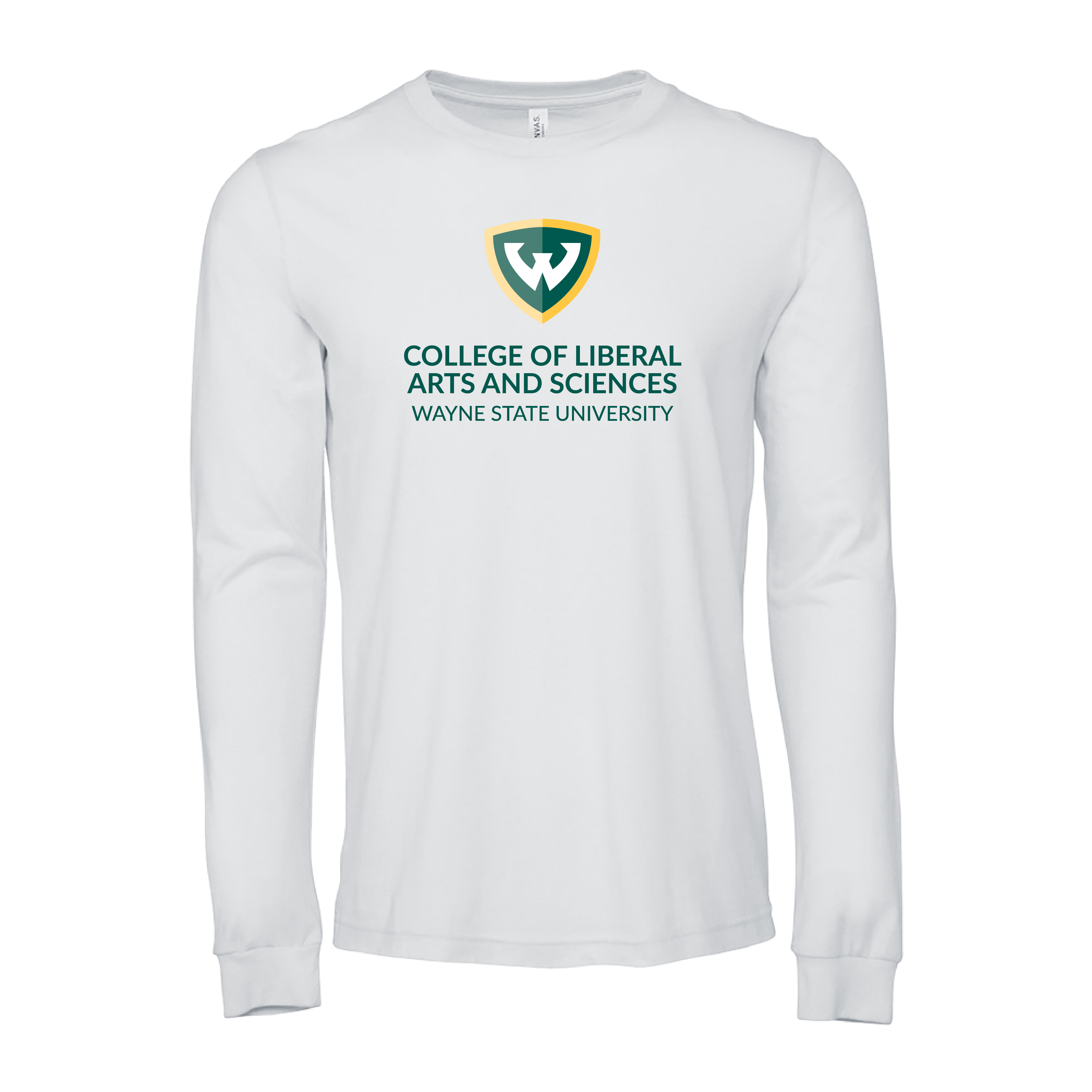 College of Liberal Arts and Sciences- WSU Shield Bella + Canvas White Jersey Cotton LS TShirt